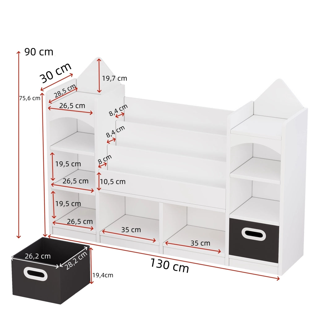 Libreria per bambini con 2 scatole pieghevoli, design a castello, bianco, MDF