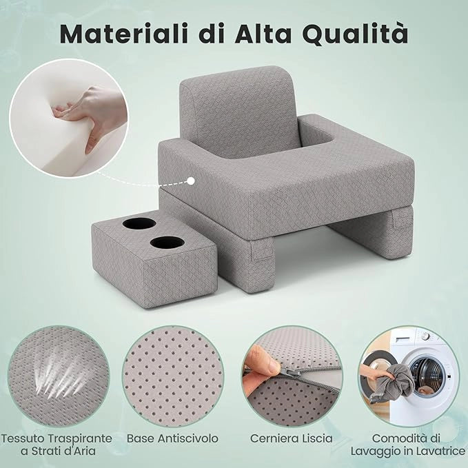 Set di 3 Cuscini da Lettura, Cuscino per Leggere con Tasca Laterale Portabicchieri e Cuscino a Cuneo per Schiena con Appoggio, per Rissarsi Leggere e Giocare, Grigio