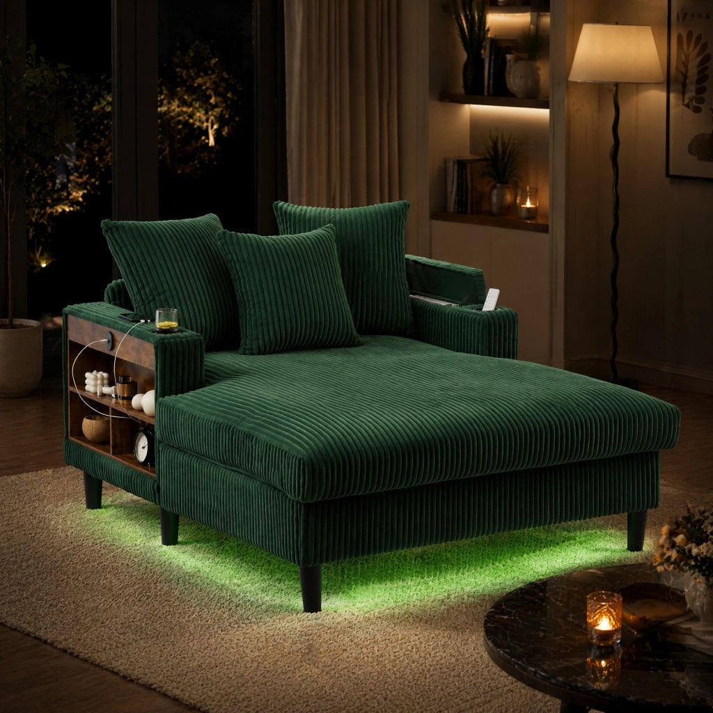 Chaise longue in velluto a coste verde smeraldo con LED e USB