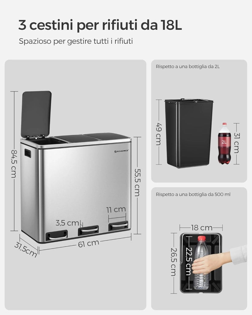 SONGMICS Cestino da Cucina, Pattumiera per Raccolta Differenziata 3 x 18L, 3 Scomparti per Riciclaggio, Coperchi a Chiusura Morbida, Pedali, Acciaio, Argento Metallizzato e Nero Inchiostro LTB54NL