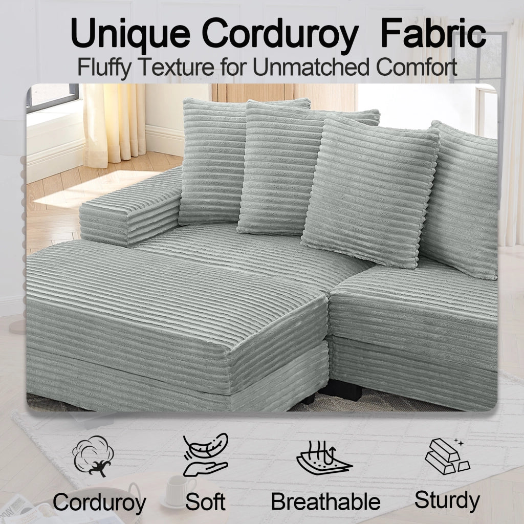 Divano angolare 4 posti con chaise longue reversibile e 6 cuscini in velluto a coste grigio