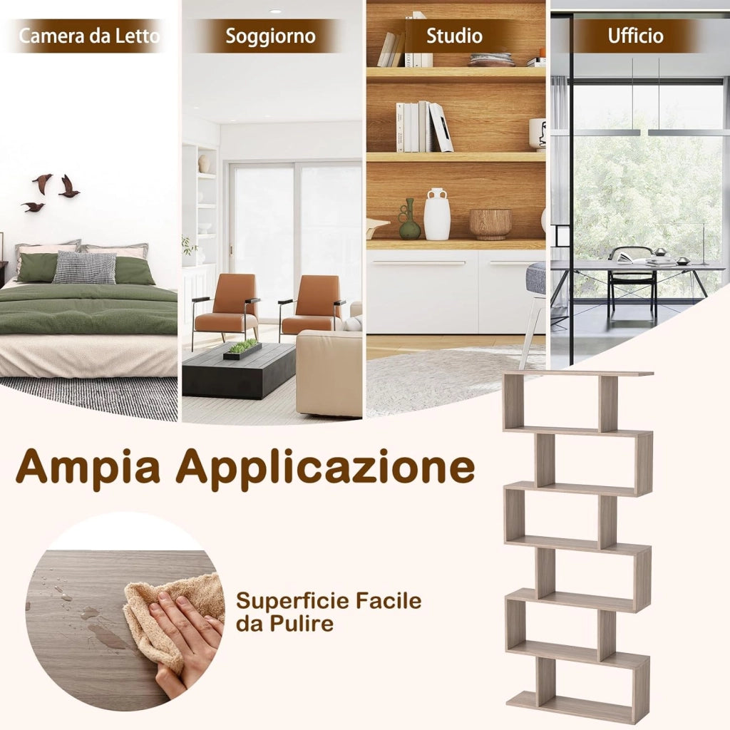 Scaffale a 6 Ripiani, Libreria a Forma di S, Libreria Scaffale da Terra in Legno, Divisorio per Soggiorno, Camera da Letto, Ufficio, 80 x 23 x 192 cm (Quercia)