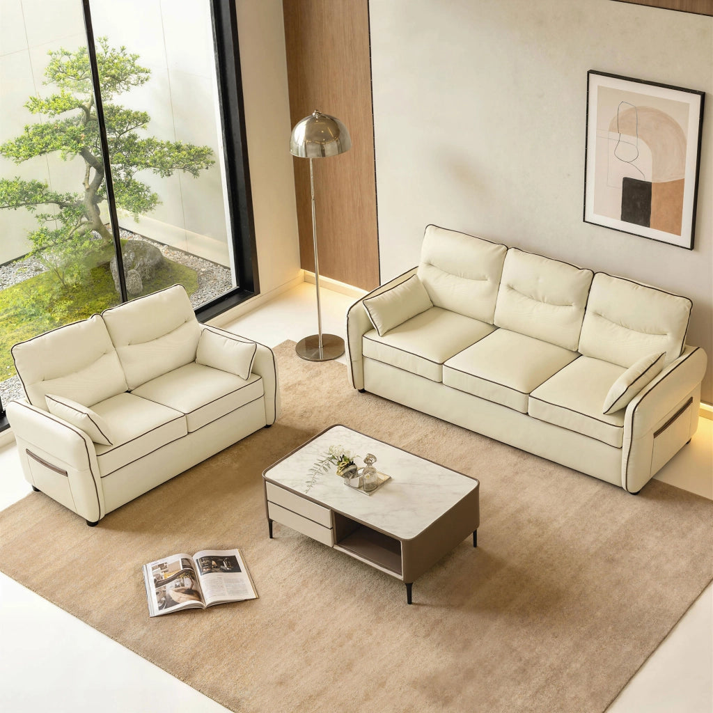 Divano 2 Posti in Finta Pelle con Imbottitura Spessa, Tasca Laterale e 2 Cuscini, 136x81x90 cm, Beige