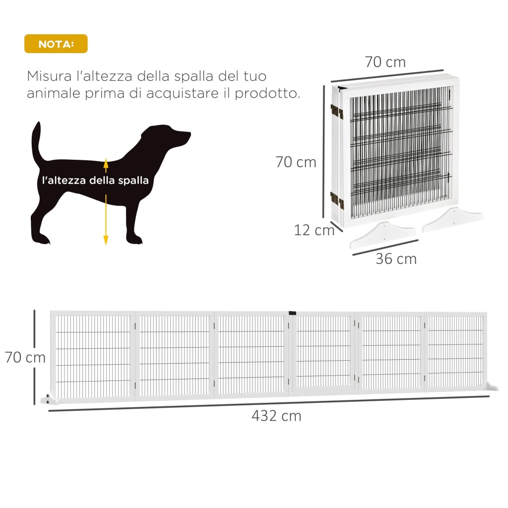 Cancelletto di Sicurezza per Cani di Piccola/Media Taglia 432x36x70 cm 6 Pannelli Pieghevoli in Legno e Acciaio Bianco