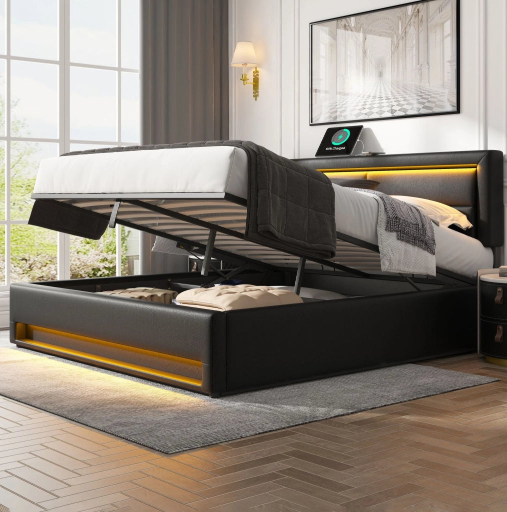 Letto imbottito nero 160 x 200 cm con USB, LED e vano contenitore