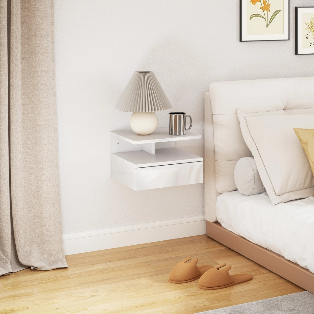Comodino Sospeso con Cassetto ¨C zephmum ¨C Bianco Legno 35x32x22.5 cm