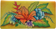 Clutch per donna con chiusura a bottone a pressione, realizzato in pelle vera, fiori tropicali gialli
