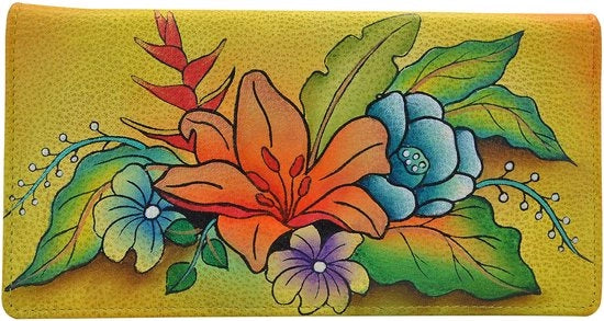 Clutch per donna con chiusura a bottone a pressione, realizzato in pelle vera, fiori tropicali gialli