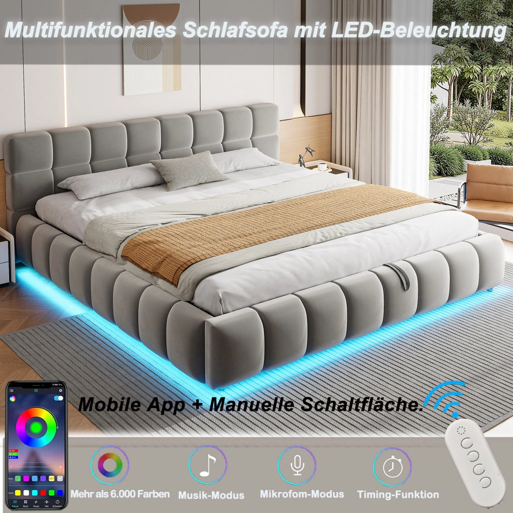 LETTO imbottito 180x200 cm in velluto grigio con contenitore idraulico e LED