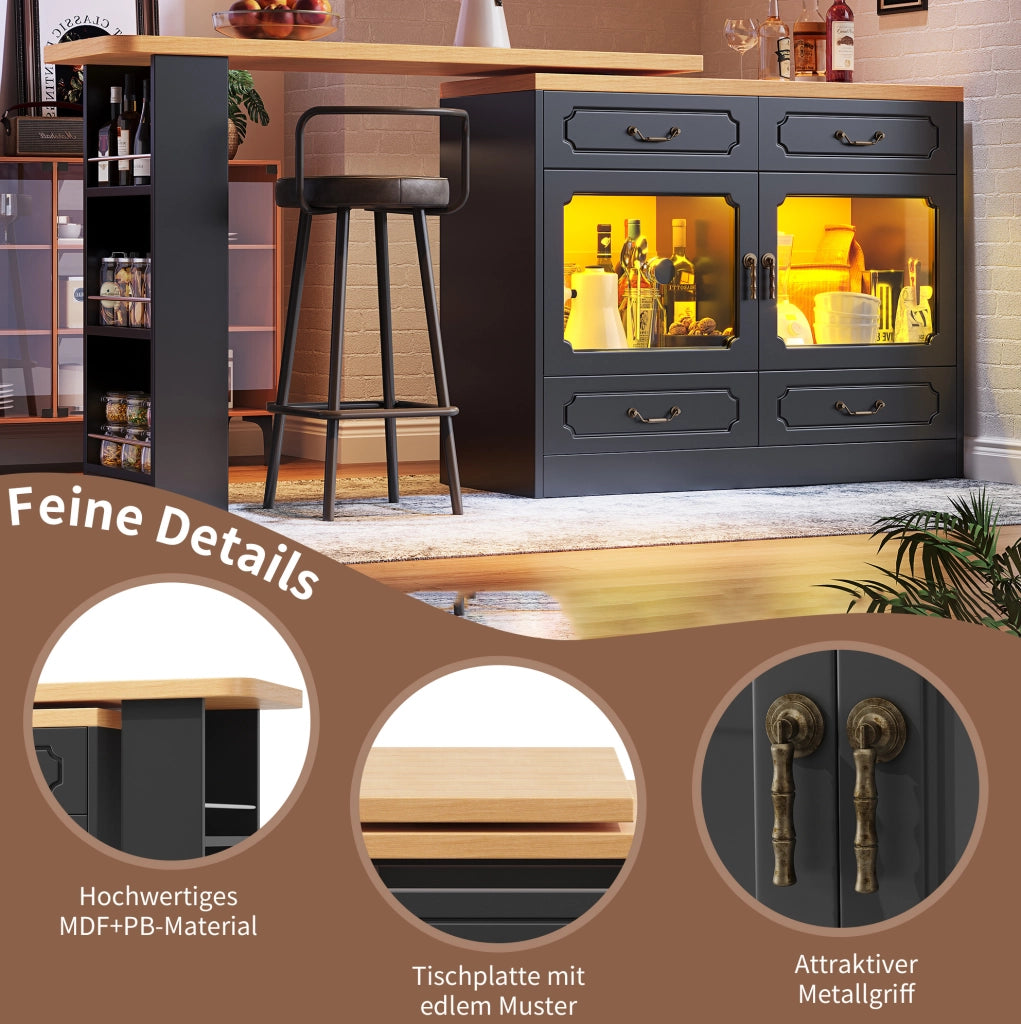Tavolo bar estensibile girevole con LED e 4 cassetti