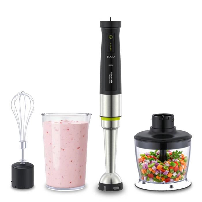 Frullatore ad immersione 1200W con 4 lame titanio, bicchiere 600ml, tritatutto 500ml, velocità variabile - SOGO
