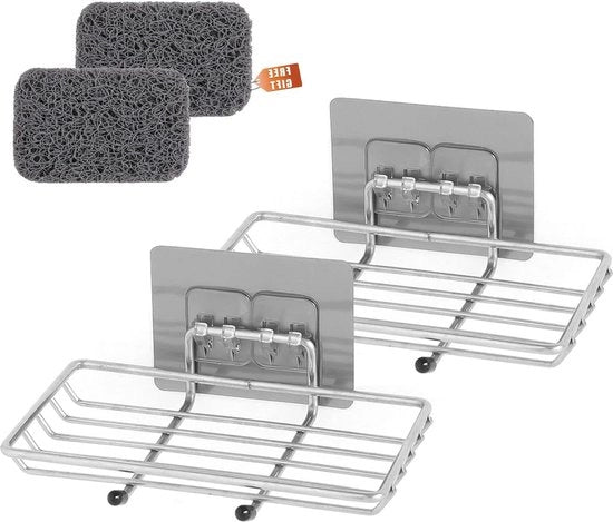 Set di 2 contenitori per sapone, 2 pezzi di cavalletto per sapone - acciaio inossidabile - barra per doccia da autoadesivo - gancio - doccia, bagno, cucina - argento.