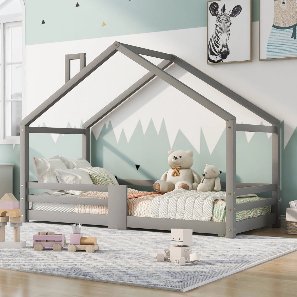 Lettino a casetta per bambini 90x200 cm in legno massello di pino; grigio