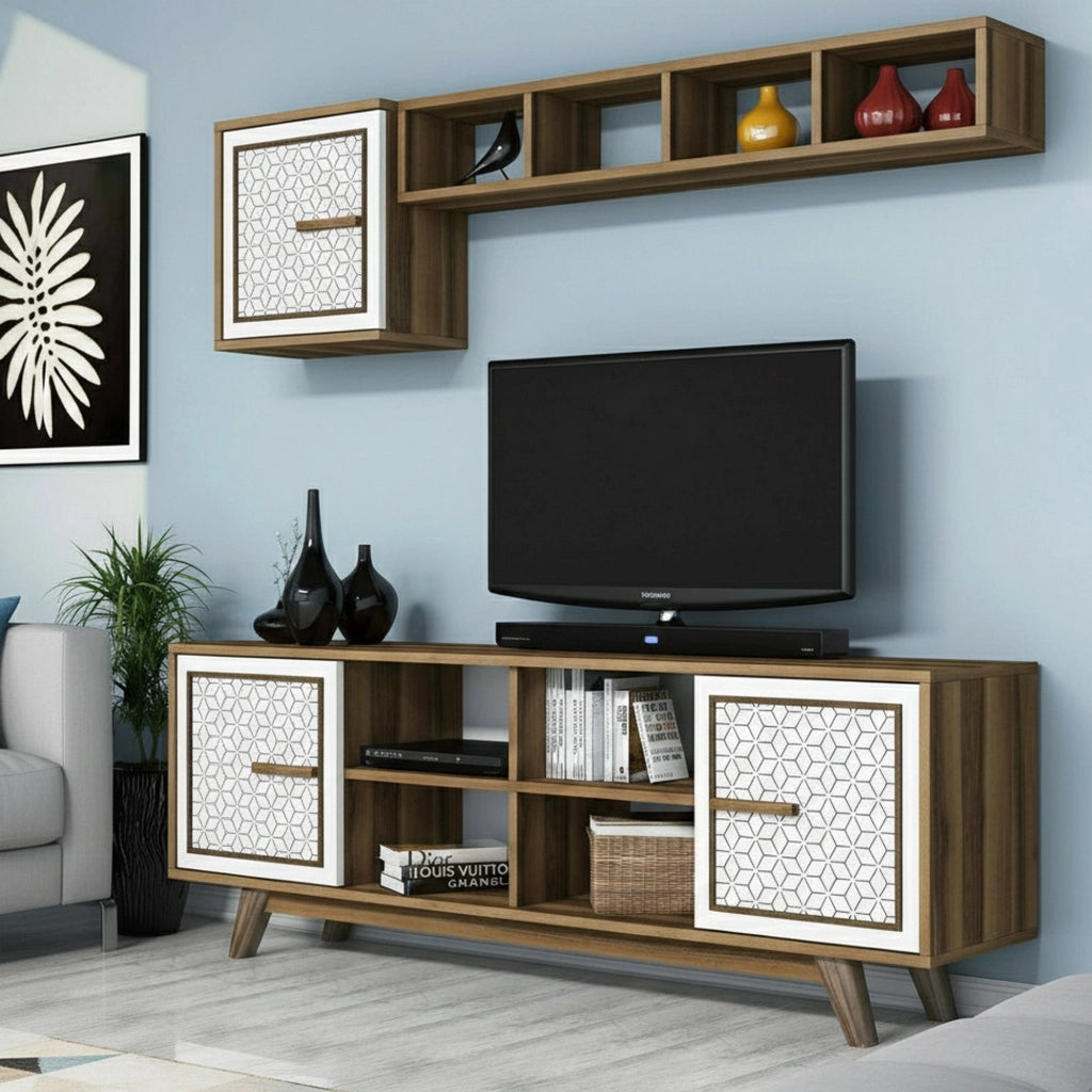 Mobile porta TV Guendalina, Credenza da soggiorno, Armadio basso per TV, Base parete attrezzata, 160x35h56 cm, Noce e Bianco