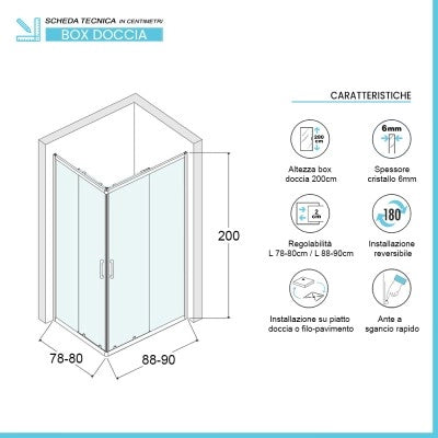 Box doccia angolare 80x90 cm doppio scorrevole in cristallo trasparente Ted
