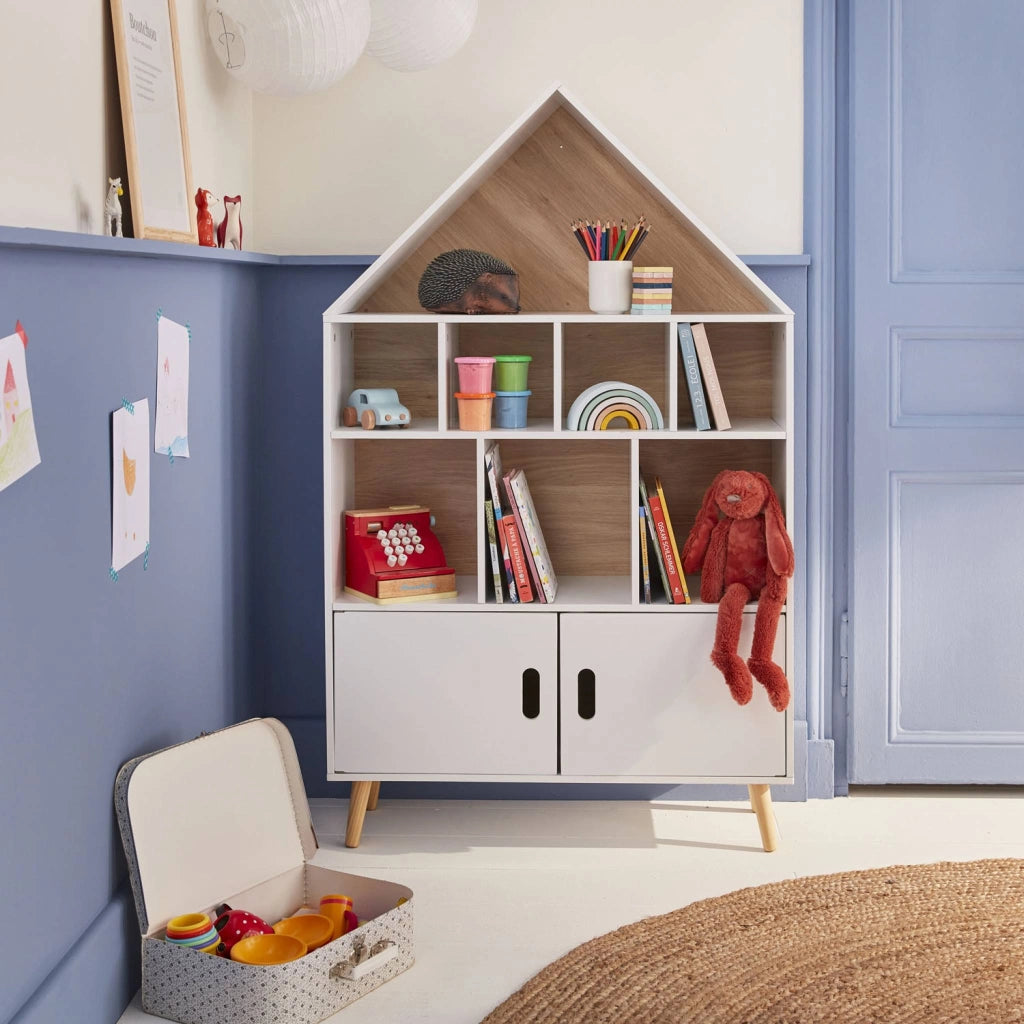 Scaffale per bambini in legno a forma di casa, bianco