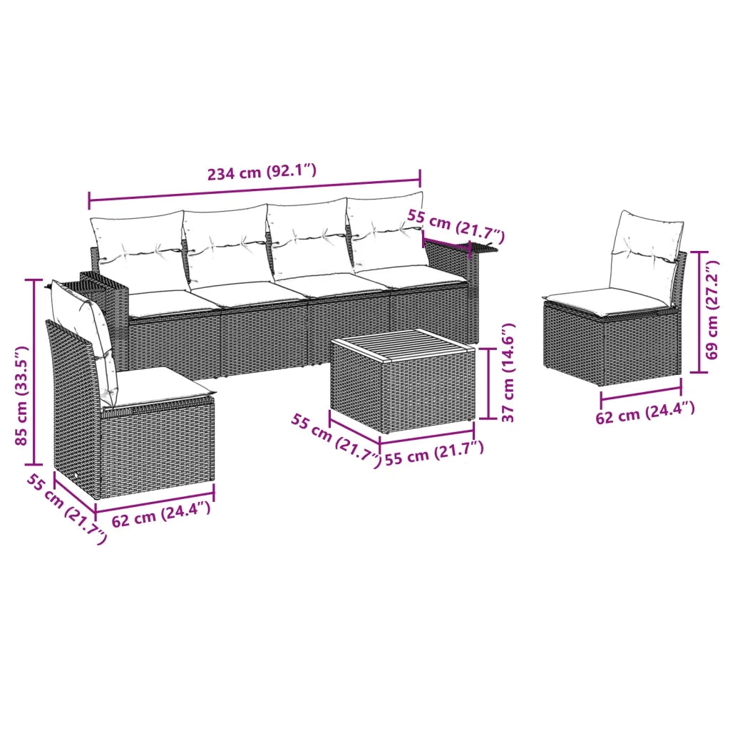 Set Divani da Giardino 7 pz con Cuscini Grigio in Polyrattan
