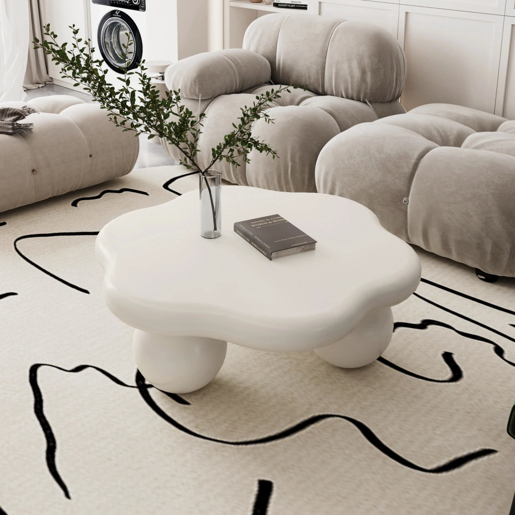 Tavolino basso a forma di nuvola con gambe sferiche, in mdf e plastica, per soggiorno e camera, crema, diametro 80 × 35 cm