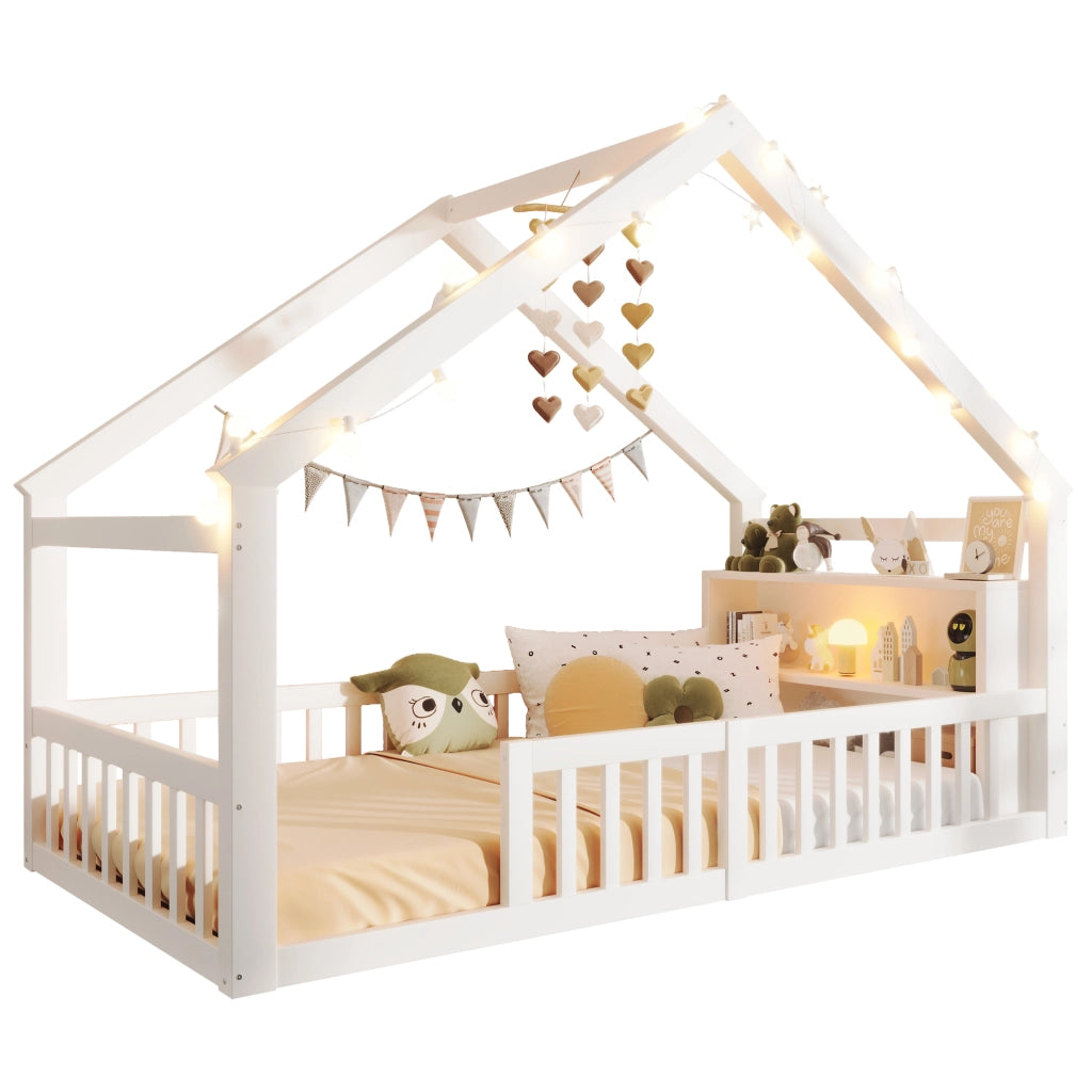 OKWISH Letto a Casetta 90×190 cm, Letto Singolo con Spondine, Mensole e Lucine Decorative, senza Materasso, in Pino, Bianco