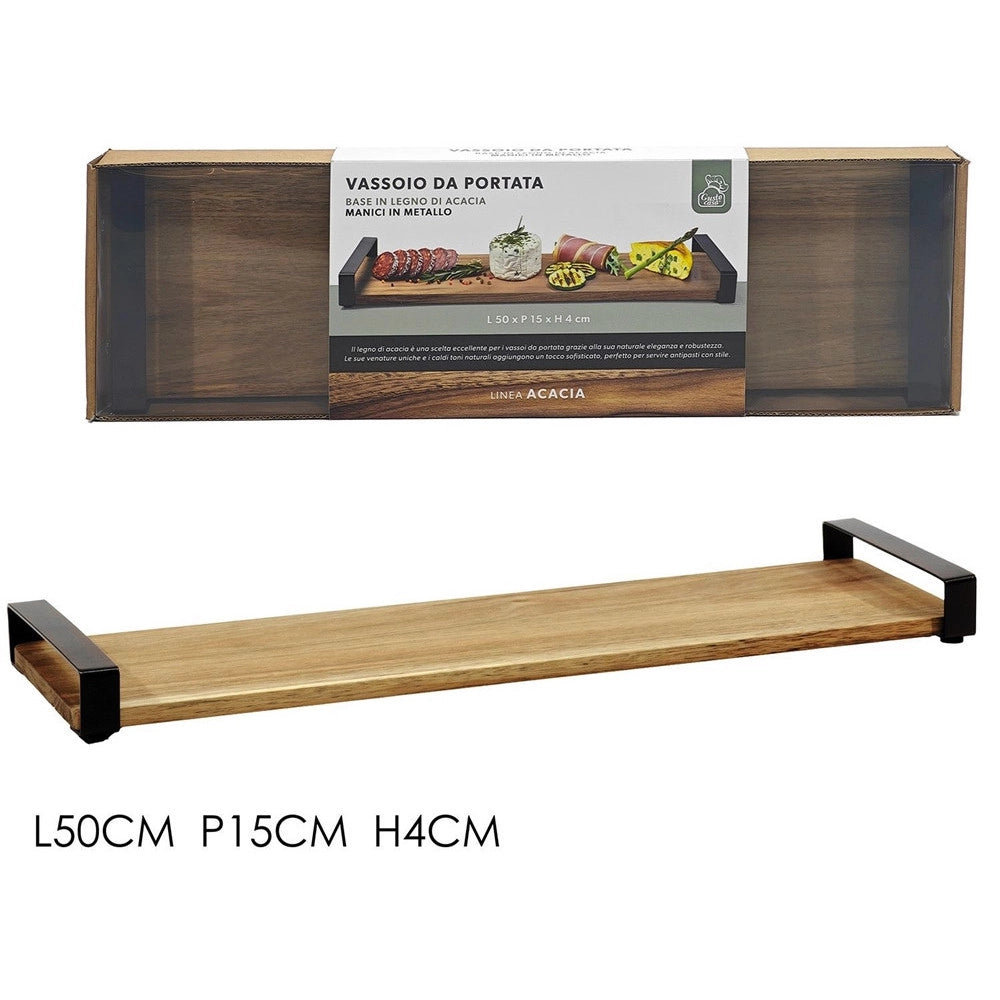 Trade Shop - Vassoio Da Portata Rettangolare Base In Legno Con Manici In Metallo Arredo Tavola Cucina -