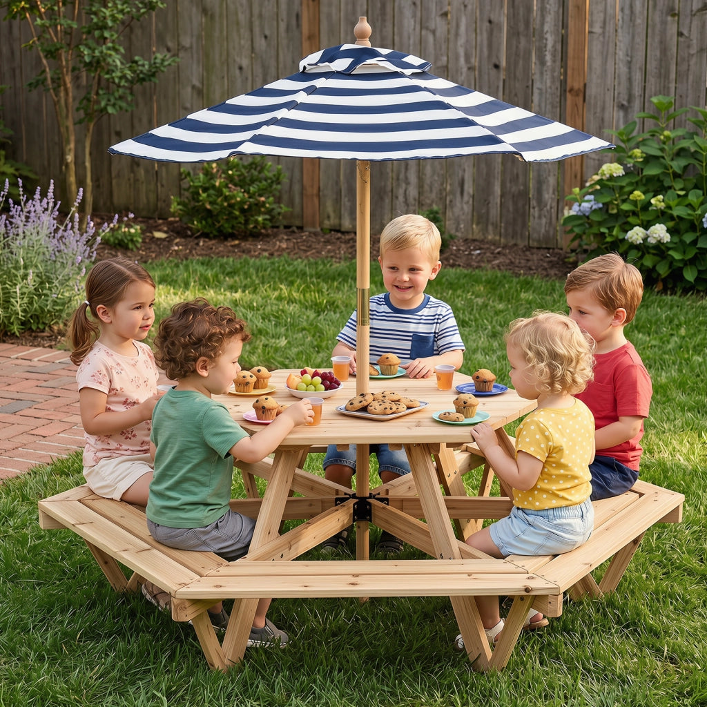 Tavolo da picnic esagonale massello 6 panche ombrellone regolabile, Tavolino per bambini 3-8 giardino balcone cameretta