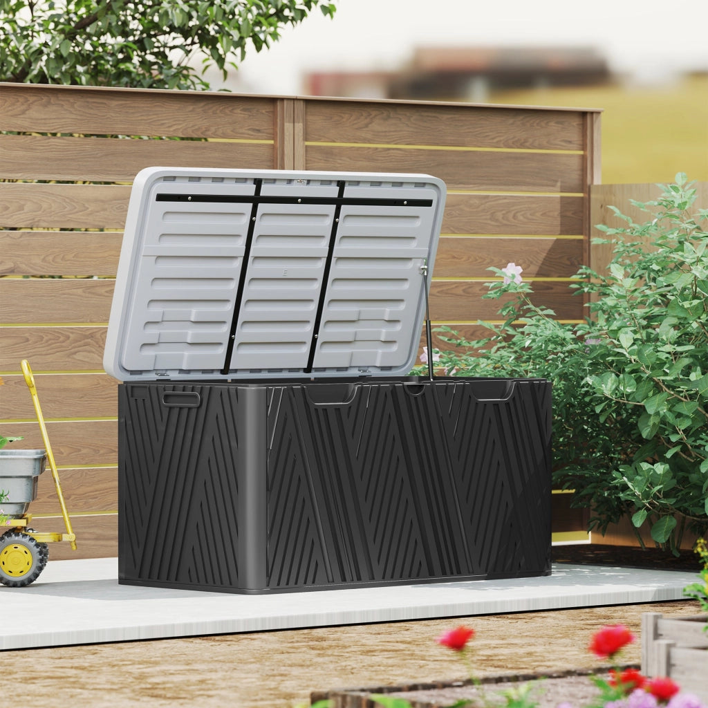 Panca Contenitore Capacità 380L con 2 Maniglie e Leva a Gas in HDPE Nero e Grigio