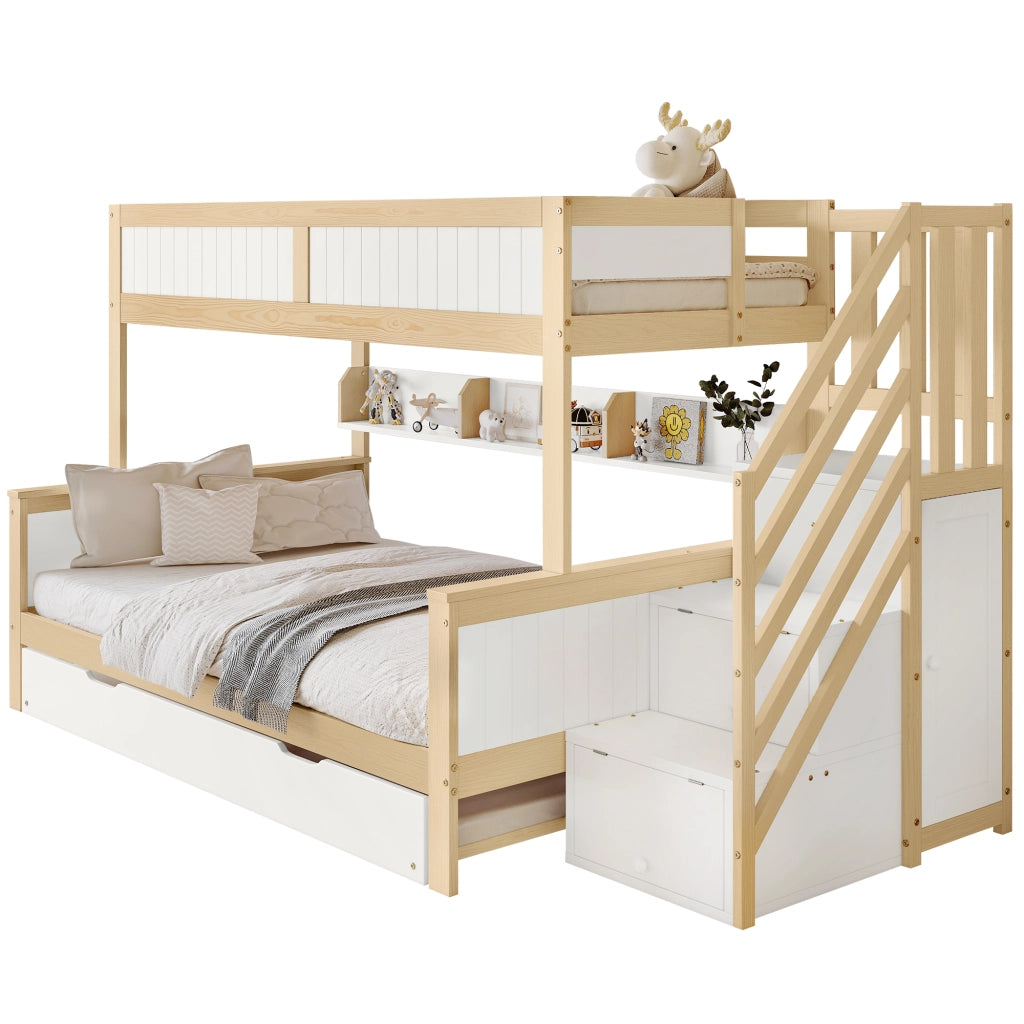 Letto a Castello; Letto Singolo 90x200 cm e 120x200 cm con estraibile; armadio e scala
