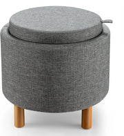 Pouf Rotondo con Contenitore e Vassoio, Poggiapiedi Imbottito con Base in Legno e Piedini Antiscivolo, Tavolino da Caffè per Soggiorno, Camera da Letto (Grigio)