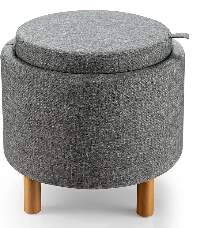 Pouf Rotondo con Contenitore e Vassoio, Poggiapiedi Imbottito con Base in Legno e Piedini Antiscivolo, Tavolino da Caffè per Soggiorno, Camera da Letto (Grigio)