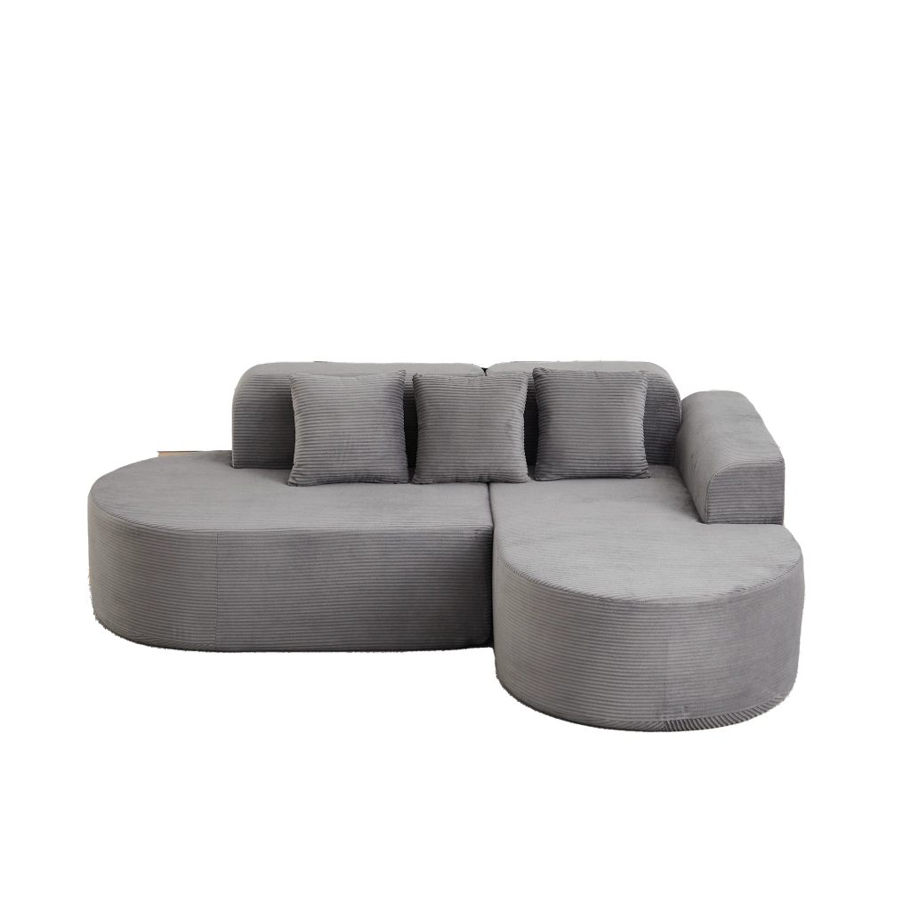 Divano modulare a L con linee curve 220x155 cm in velluto a coste grigio