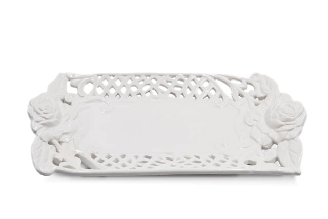 Piatto Decorativo Rettangolare in Ceramica Traforato Bianco 30 x 16 cm