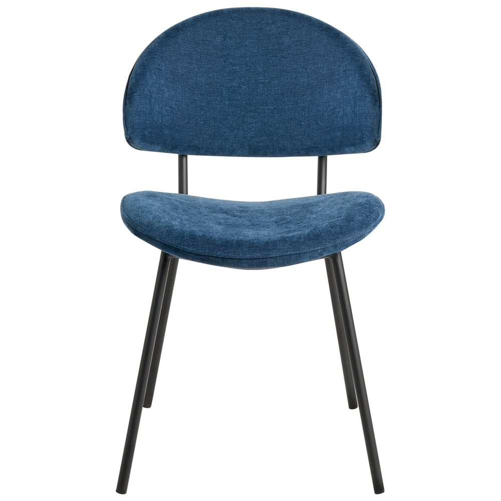 Set di 2 sedie da pranzo Rivestimento in tessuto blu scuro Gambe in metallo nero Senza braccioli Schienale curvo Design moderno e contemporaneo