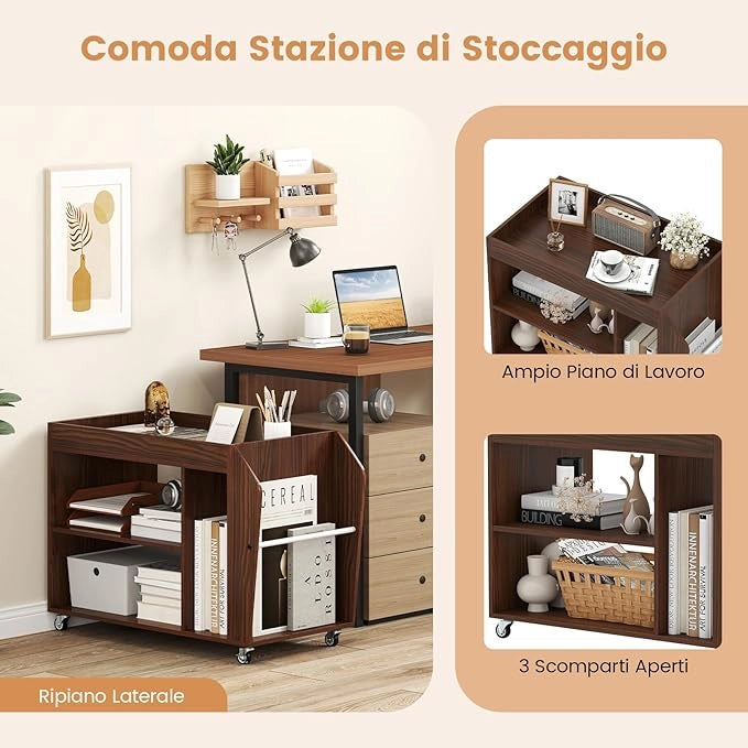 Tavolino da Salotto a 3 Ripiani con Ruote, Tavolino Caffè Laterale in Legno per Soggiono e Studio, Mobile Porta Stampante per Casa e Ufficio, 76 x 39,5 x 55 cm, Noce