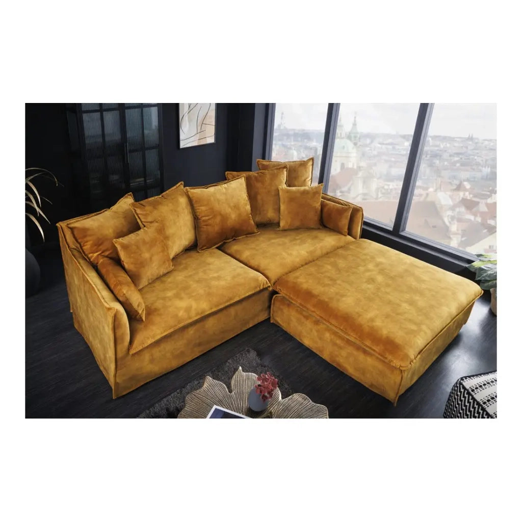 Divano ad angolo KALIA – Giallo senape – 4 posti – Angolo reversibile – in velluto – contemporaneo