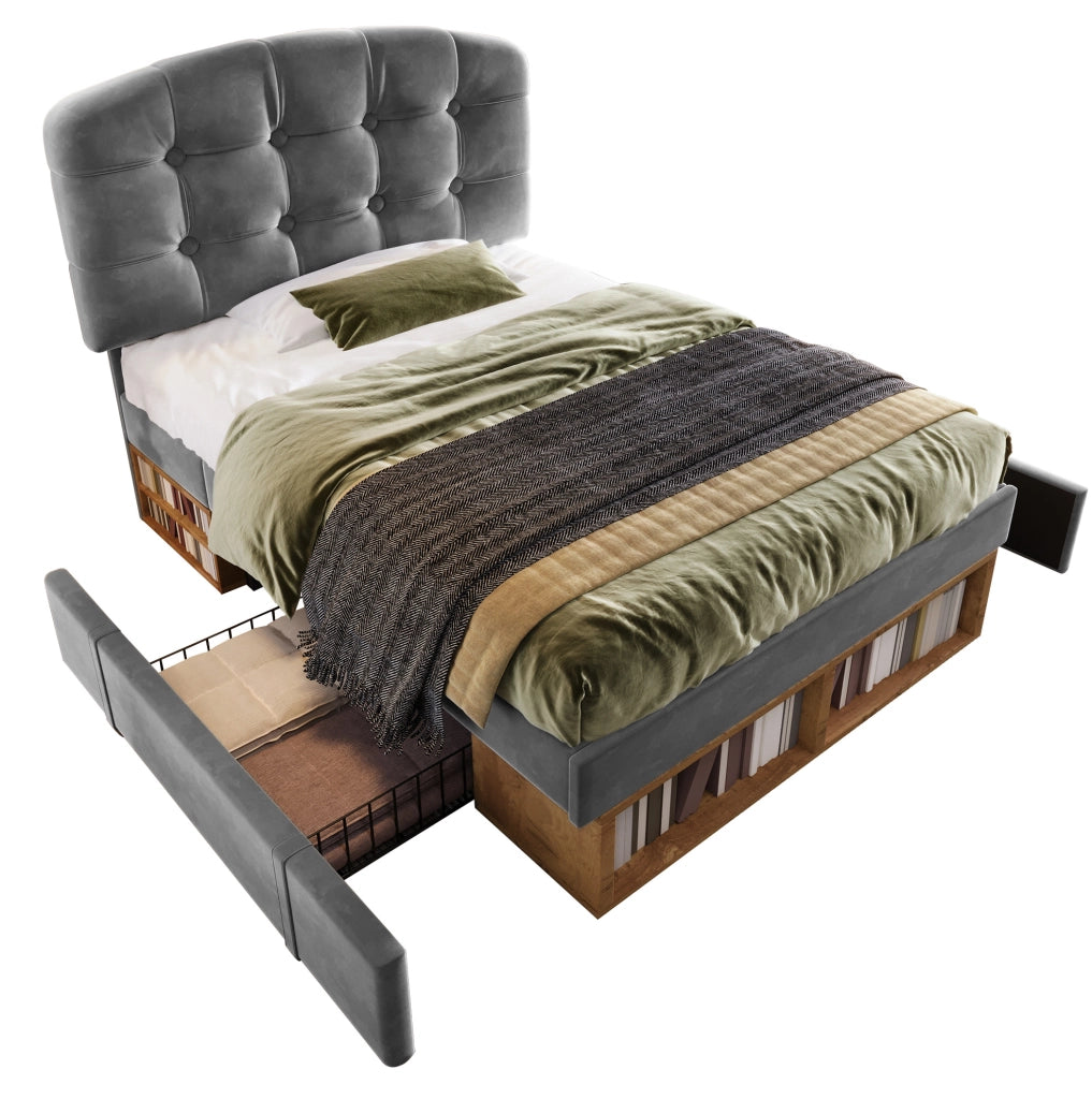 Letto singolo 90x200 cm con cassetti e vano contenitore; velluto grigio