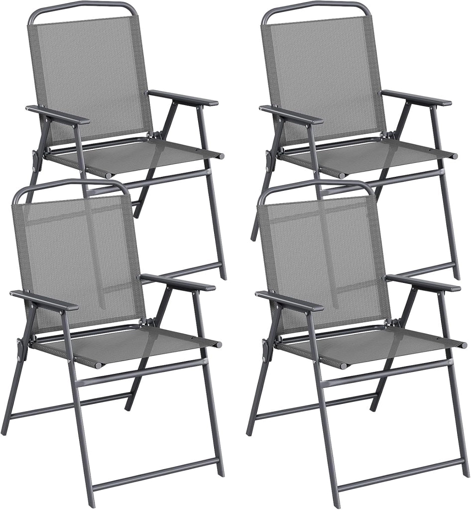 Set di 4 sedie pieghevoli con schienale, braccioli, sedie da terrazza, sedie da pranzo, fino a 150 kg, sedia pieghevole per campeggio, spiaggia, giardino, piscina, terrazza, grigio