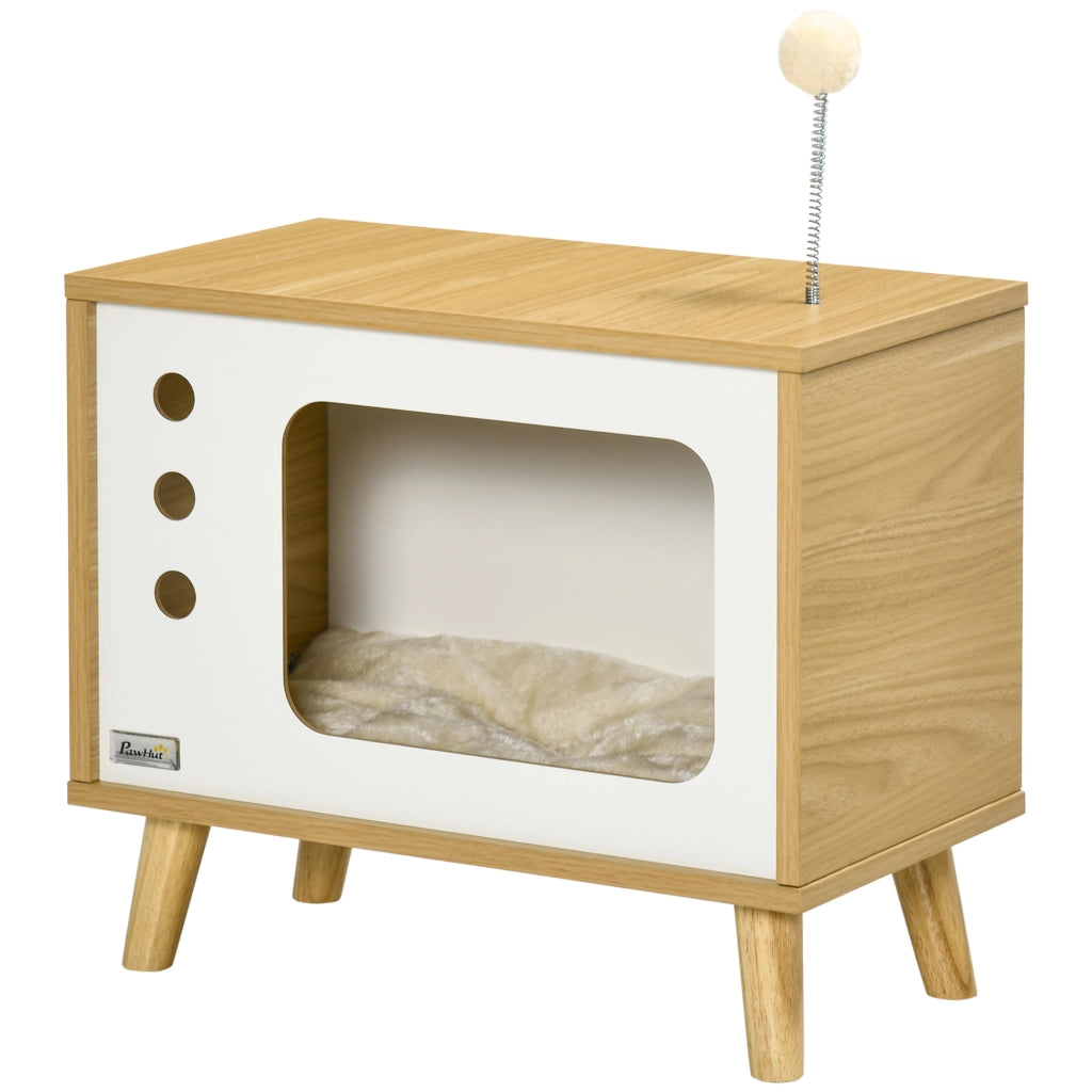 Casetta per Gatti in Truciolato a forma di Televisore con Cuscino e Pallina Giocattolo, 50x28x43 cm