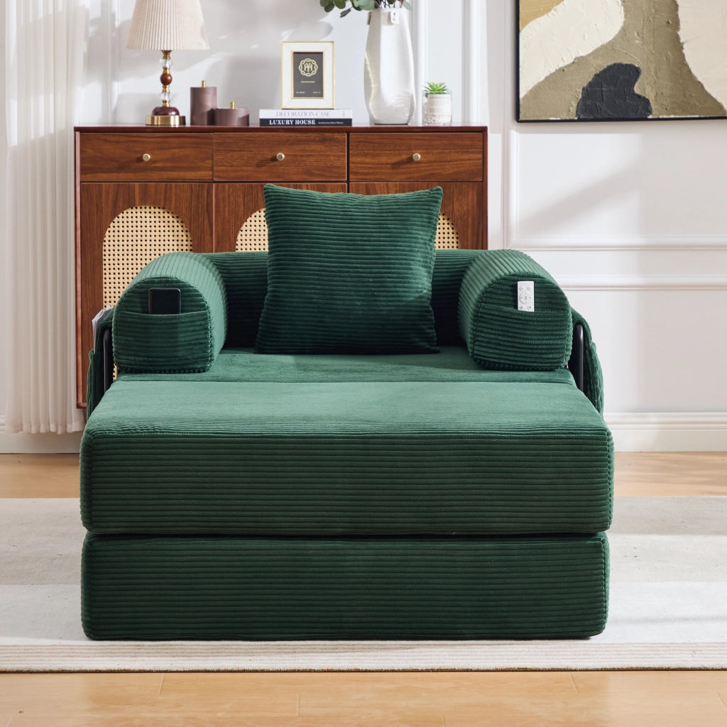 Divano modulare in corduroy con cuscino e tasca laterale 112x190x67 cm; verde smeraldo