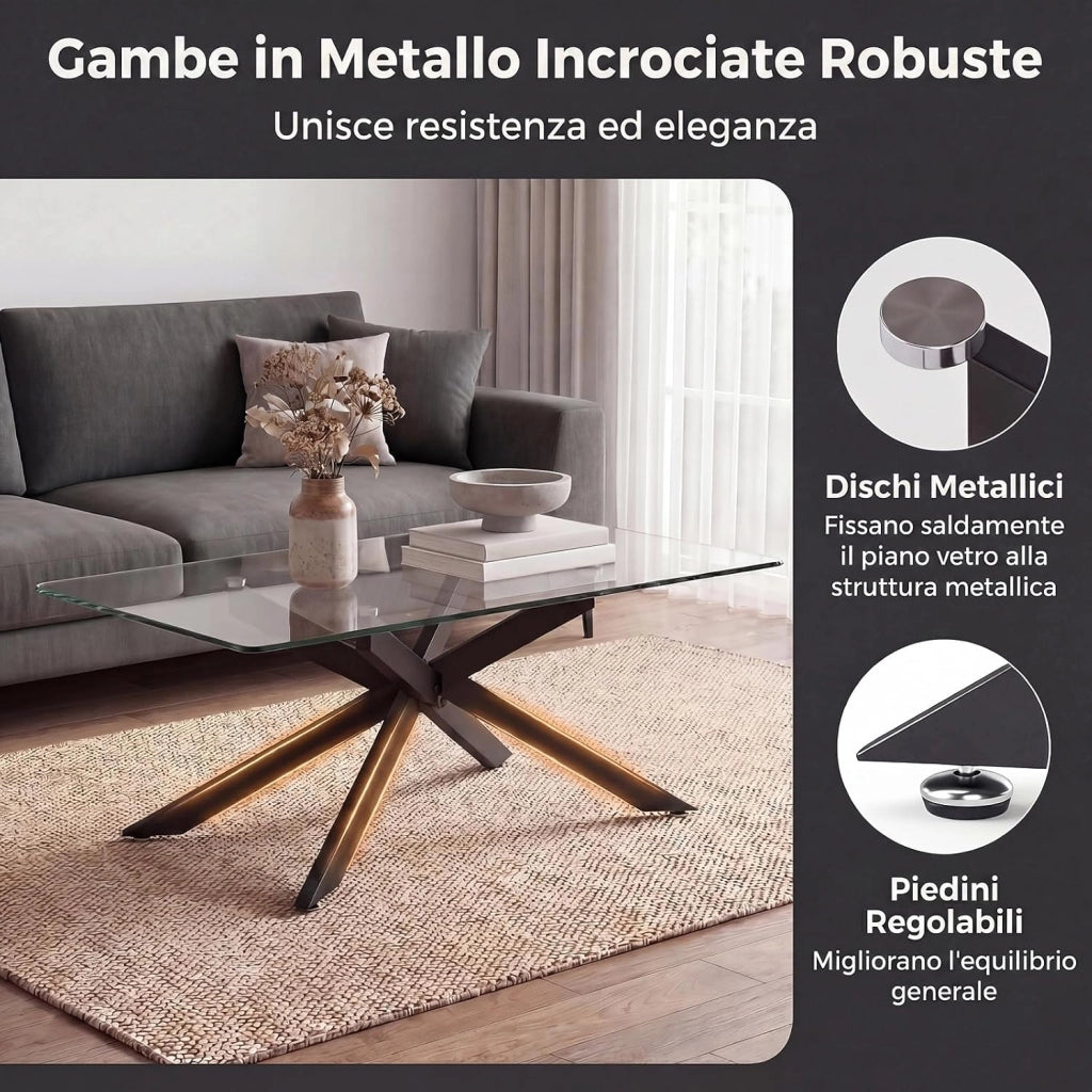 Tavolino da Salotto con Piano in Vetro Temperato, Gambe Incrociate e Piedini Regolabili, Tavolo Basso in Stile Industriale per Soggiorno, Camera da Letto, Ufficio, 120 X 60 X 45,5 CM (Nero)