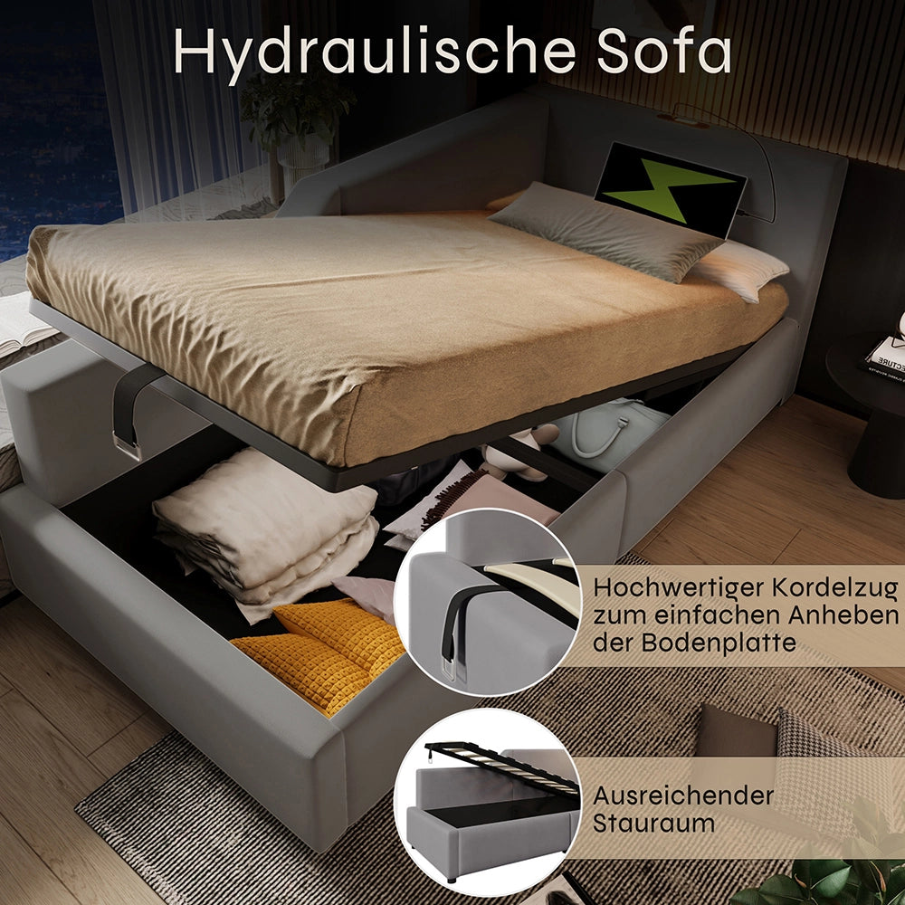 Letto a scomparsa per bambini - Xylo - 90x200 cm - Grigio - Luci notturne e ricarica USB-C