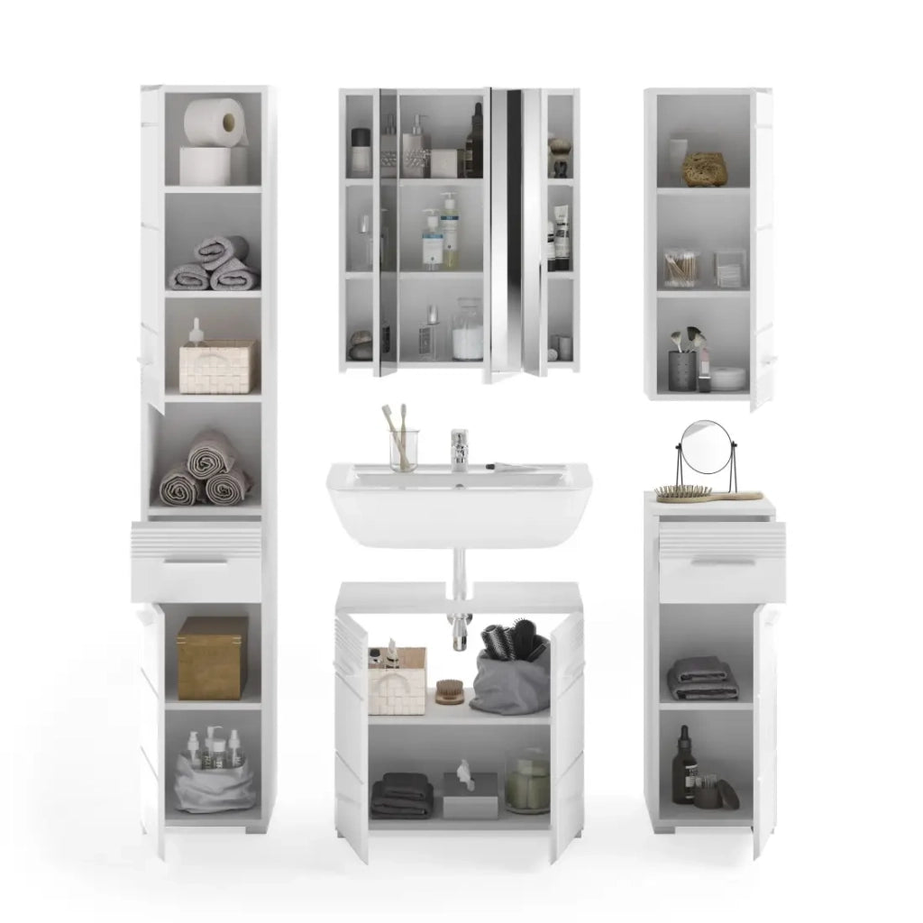 Set da bagno: mobile sotto lavabo + 2 mezze colonne + mobile contenitore con specchio e LED + colonna da bagno