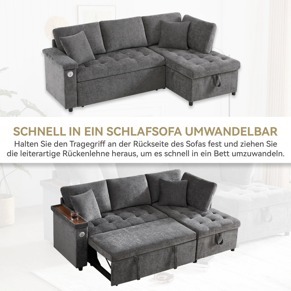 Divano angolare convertibile in chenille con funzione letto, contenitore, USB e portabicchieri per soggiorno grigio scuro