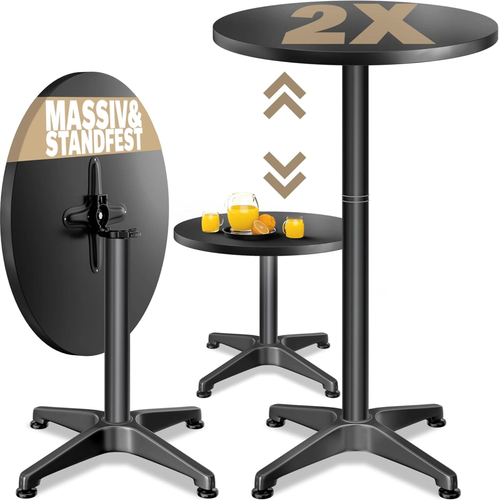 ® Set 2 Tavoli da Bar 2in1 Regolabili Pieghevoli 70 cm/115 cm Resistenti Alluminio Ø 60 cm Tavolini Esterno Neri