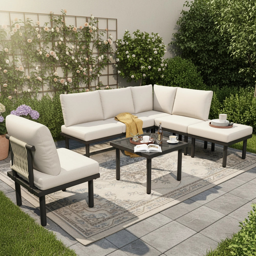 Set da giardino 6 posti - Zephmum- Telaio in ferro zincato, tavolo in vetro, cuscini inclusi