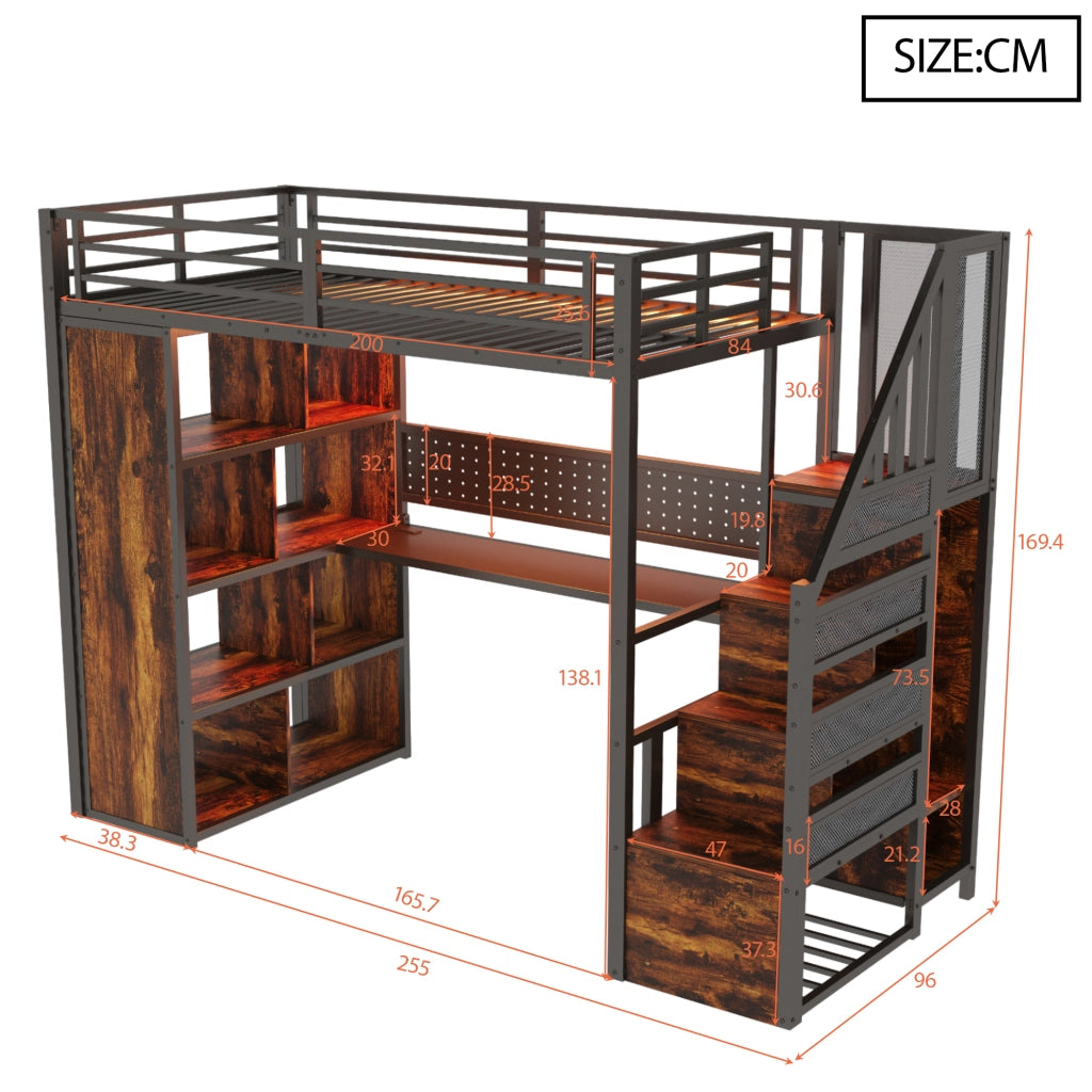 Letto a soppalco in metallo 90x200 con scrivania; armadio e LED; nero