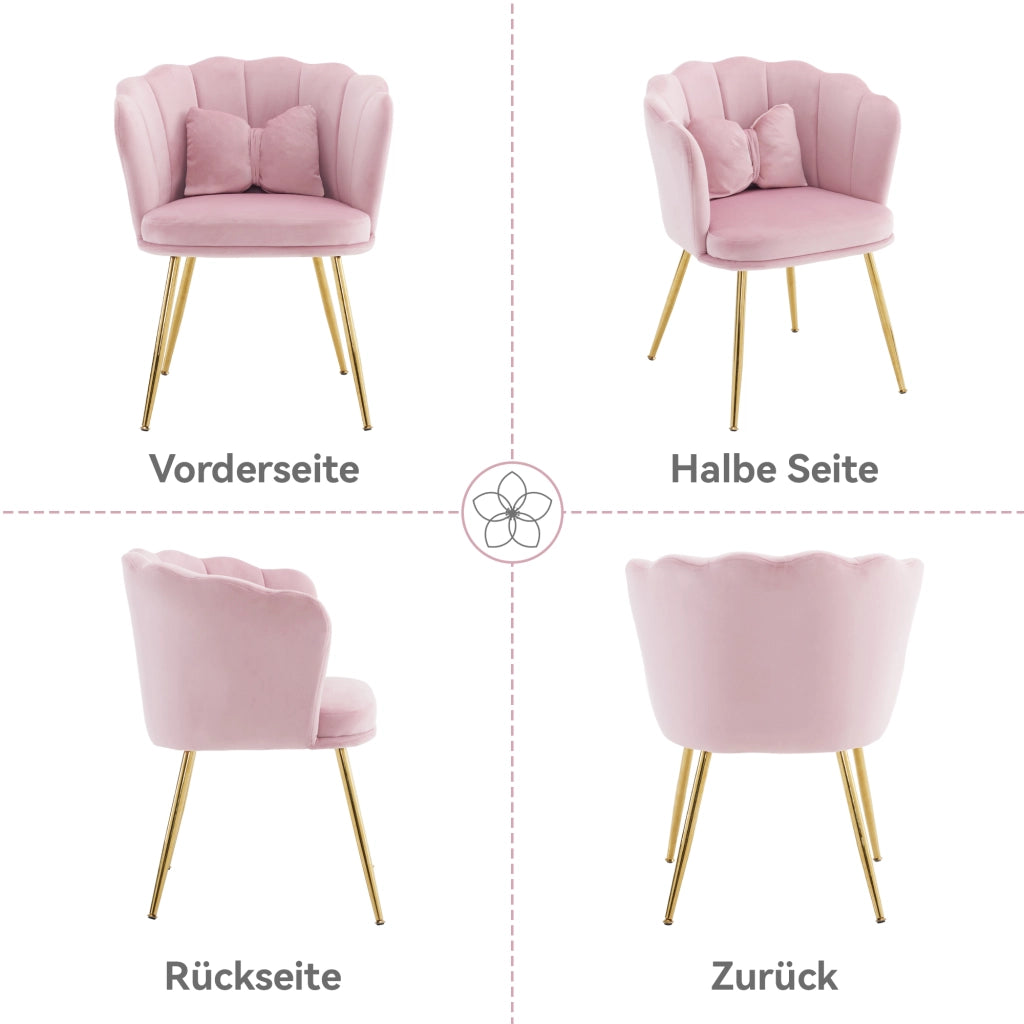Sedie da pranzo, 2 pezzi in velluto rosa con schienale a petalo e gambe in metallo dorato, per soggiorno e sala da pranzo