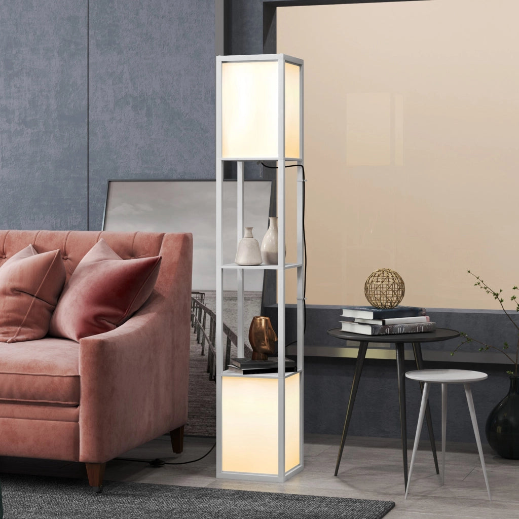 Lampada da Terra con 2 Paralumi E27 40W e 2 Ripiani  26x26x156 cm Bianco