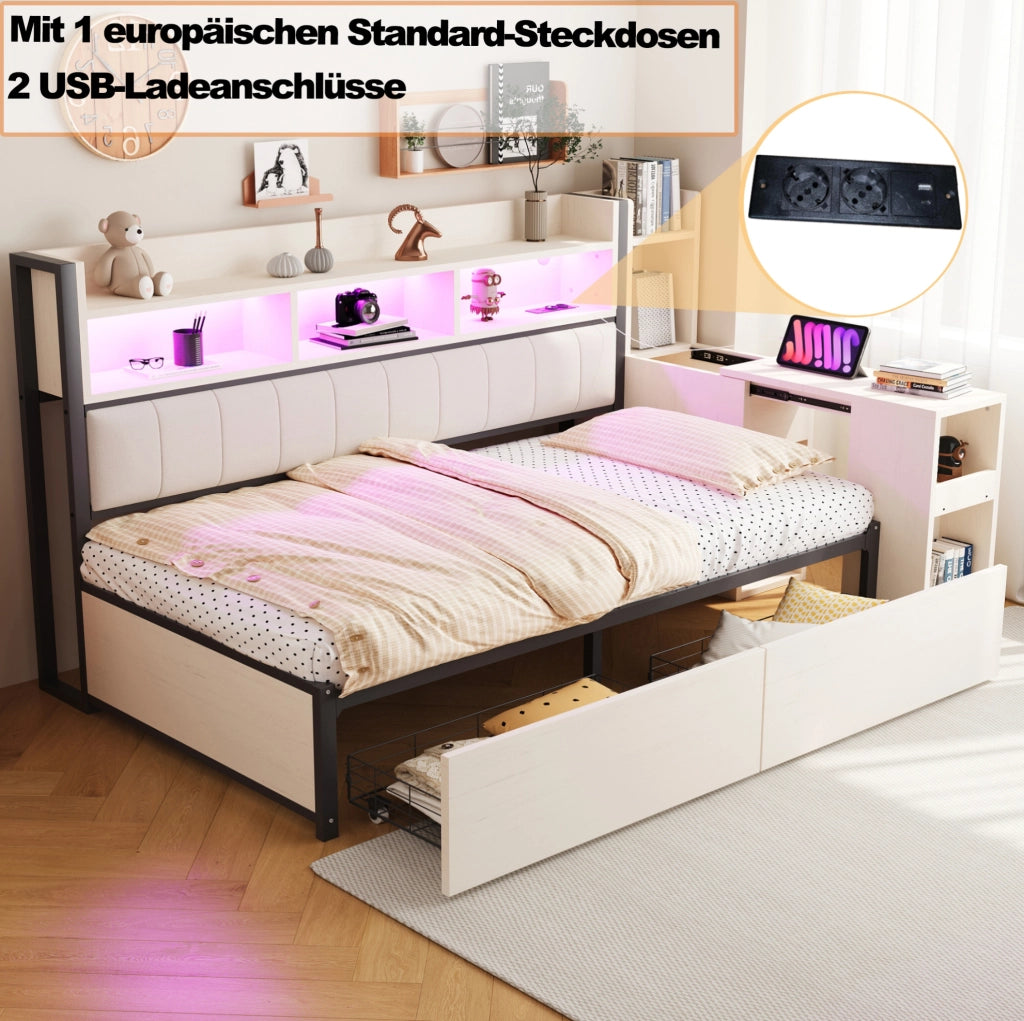 Letto multifunzionale 90 x 200 cm con cassetti; scrivania mobile e prese integrate; bianco e legno