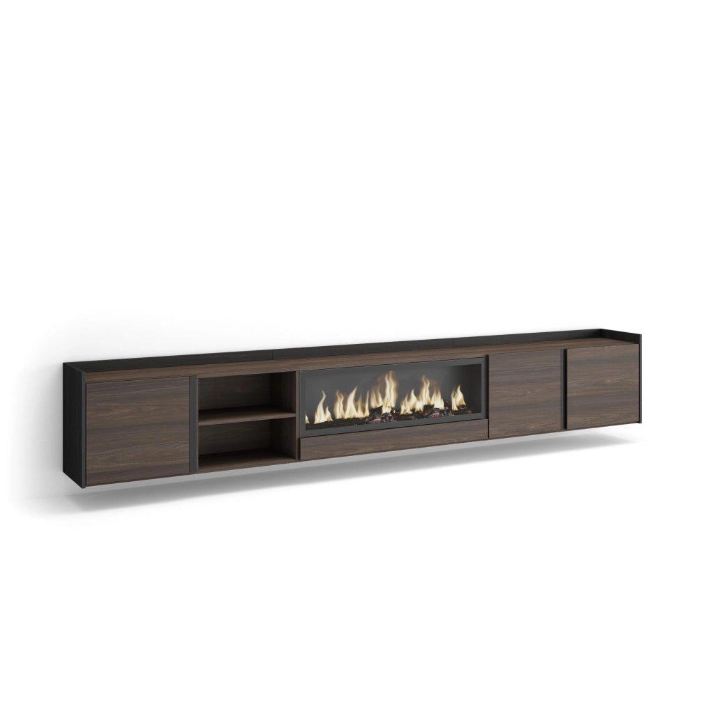 Mobile TV Soggiorno, 315x50x35 cm, Per TV fino a 80", Camino elettrico XXL, Sospeso, da appendere, Rovere scuro e Nero
