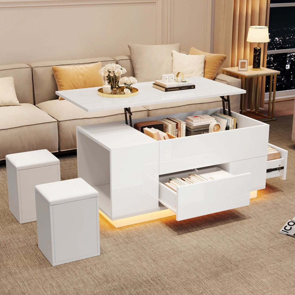 Tavolino Reclinabile 2 Cassetti LED con 2 Pouf e Vano Nascosto per Salotto 100 × 50 × 45 cm